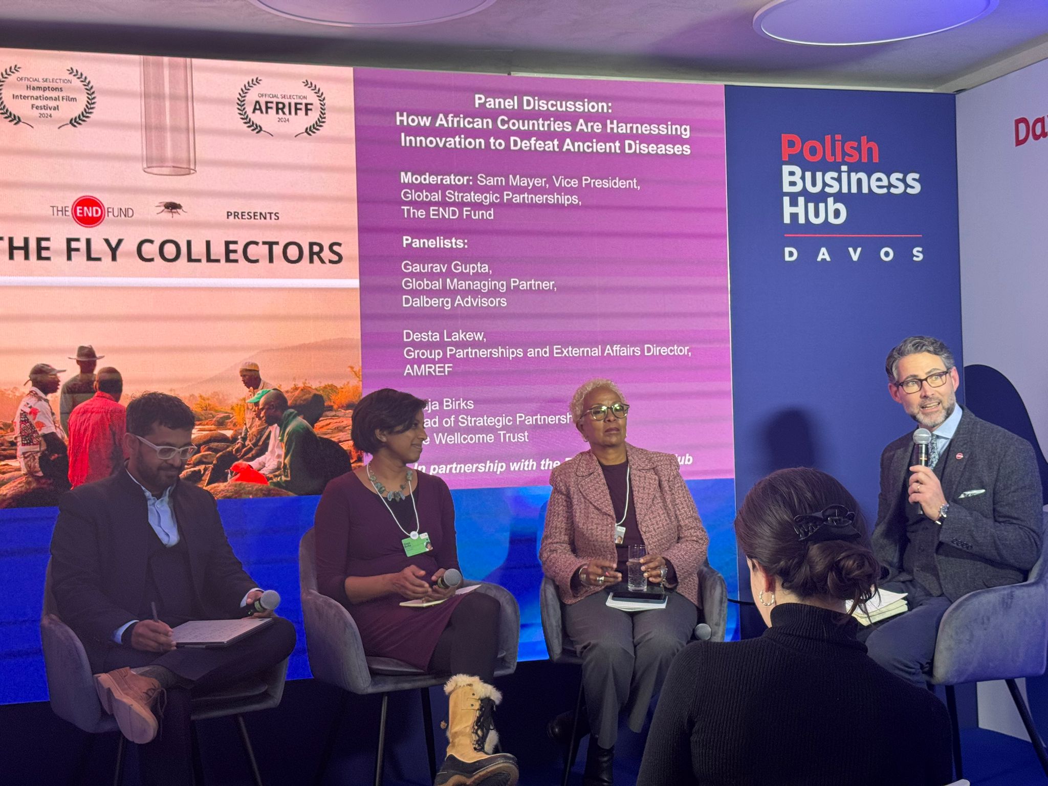 Sam Macintosh participating in a panel discussion alongside Gaurav Gupta (Dalberg Advisors), Silaja Birks (Wellcome Trust) and Desta Lakew (AMREF).